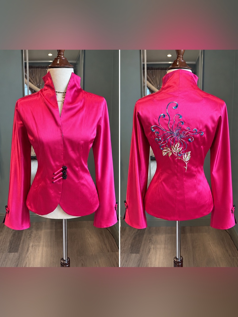 Vintage Hot Pink Satin Chinese Embroidered Jacket XS/S